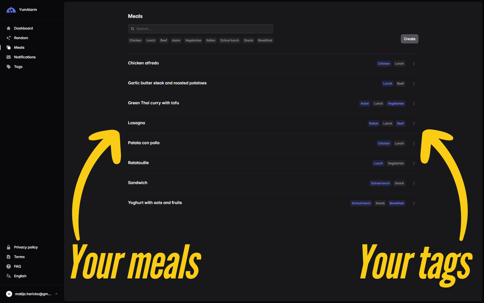 YumALarm meals feature preview