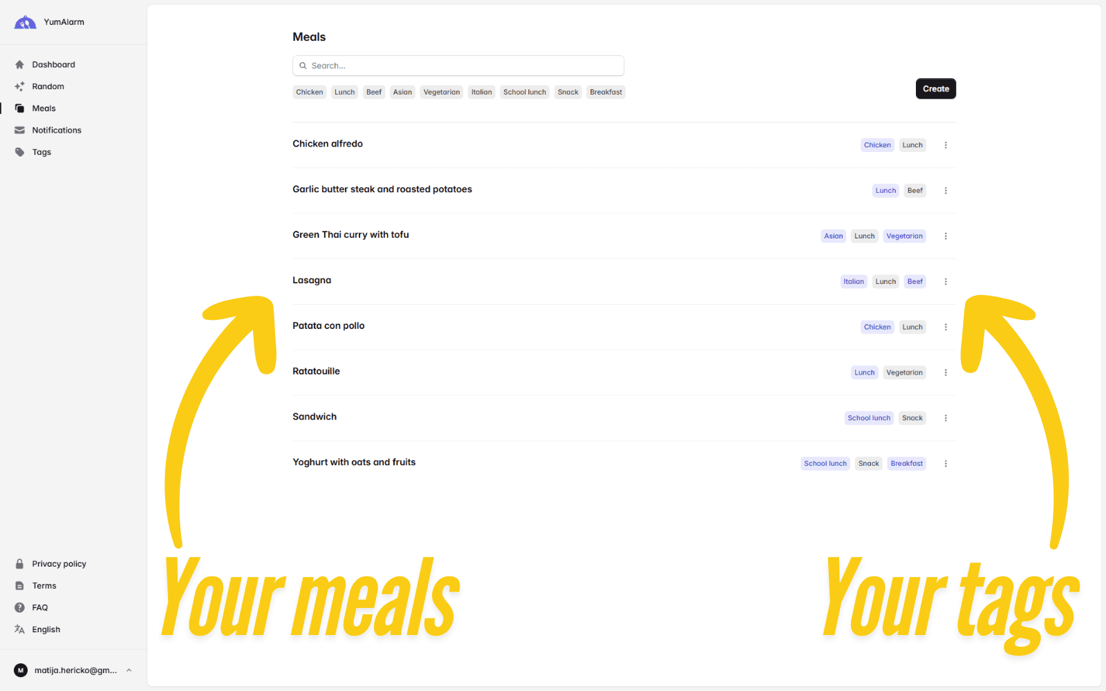 YumALarm meals feature preview